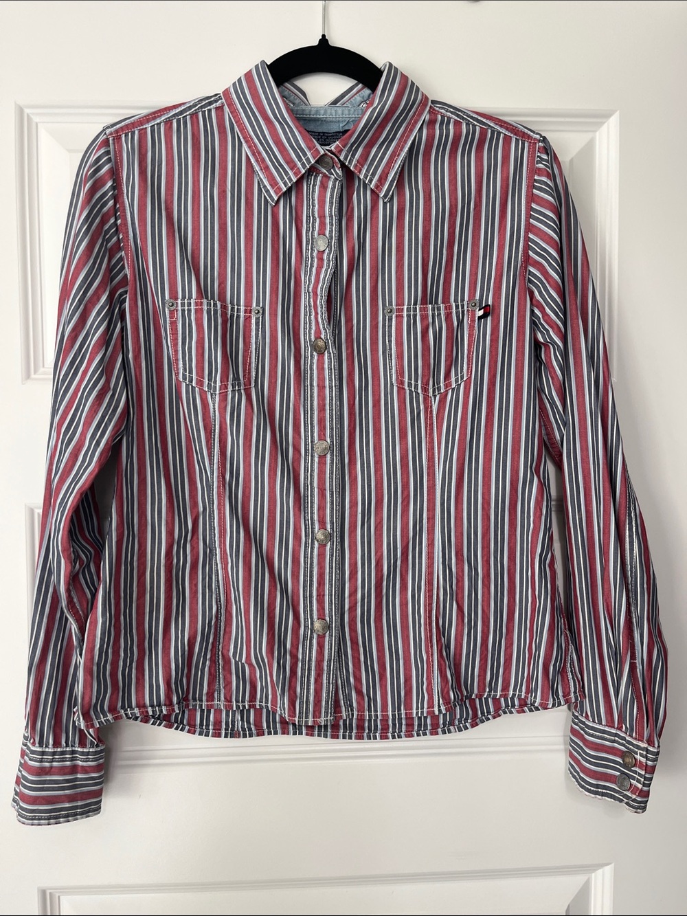 Vintage Tommy Jeans Red, White & Navy Striped Button-Up Shirt
